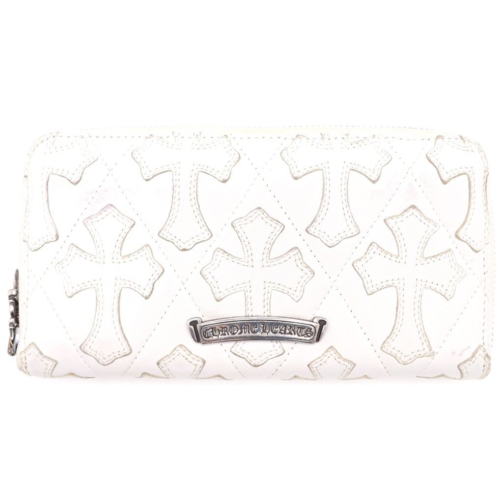 CHROME HEARTS (クロムハーツ) REC F ZIP QUILTED WALLET セメタリークロス キルティング レザーウォレット 財布 ホワイト