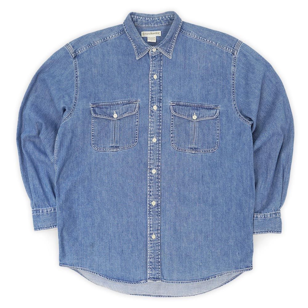 バナナリパブリック Banana Republic 90s 90年代 デニムワークシャツ 長袖 オールド 旧タグ USA ヴィンテージ OLD バナリパ 古着 メンズ シャツ インディゴブルー L【中古】