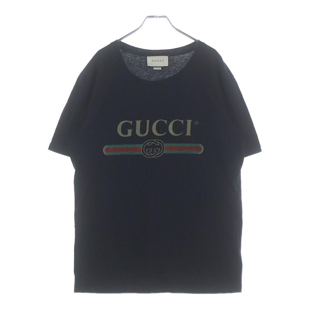 GUCCI (グッチ) ウォッシュド加工 フロントプリント クルーネック半袖Tシャツカットソー ブラック 440103