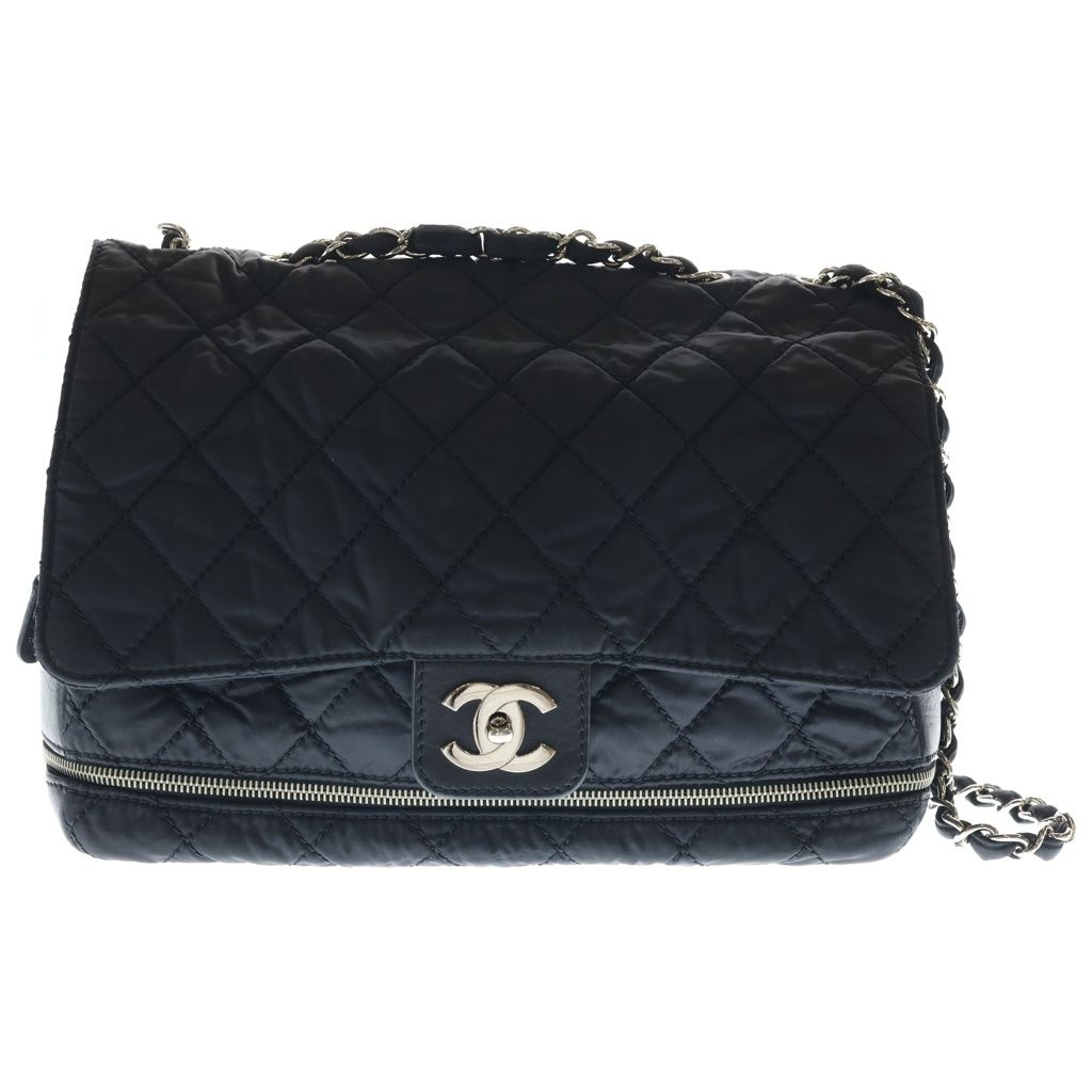 CHANEL (シャネル) マトラッセ ダブルチェーン ラウンドファスナー ハンドバッグ チェーンバッグ ブラック ナイロン×レザー シルバー金具