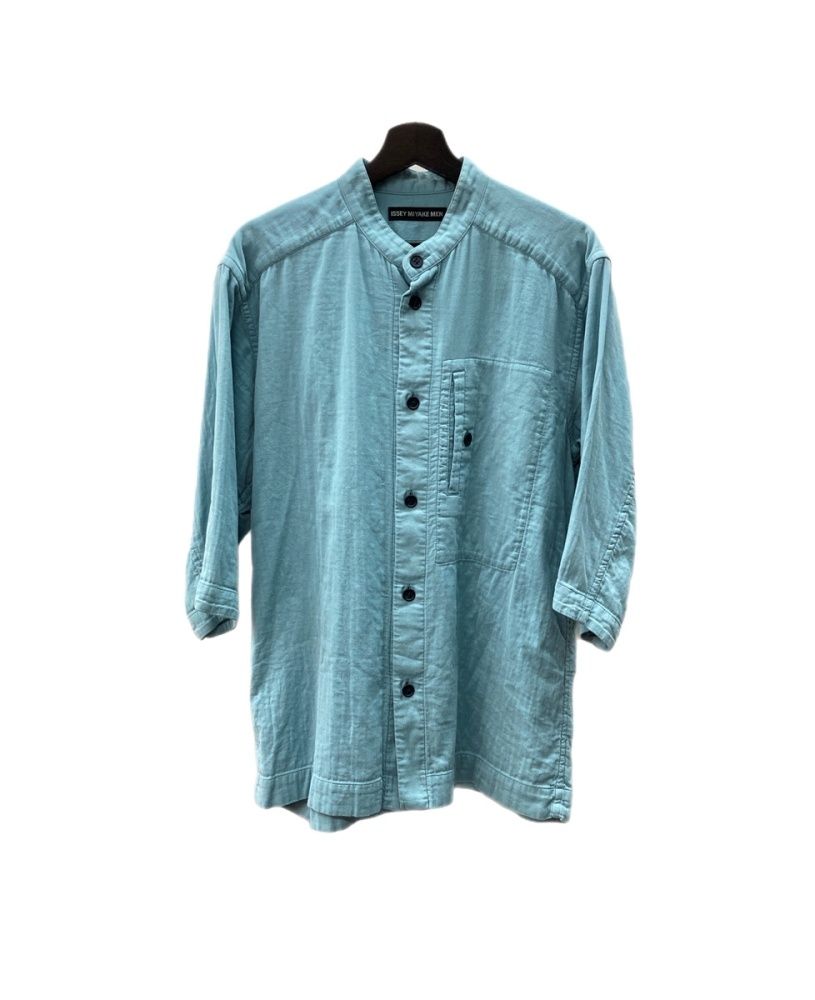 イッセイミヤケ ISSEY MIYAKE メンMEN 20AW ダブルガーゼ バンドカラー ハーフスリーブシャツ SHIRT フロントボタン BLUE 青 水色 ME03FJ013 サイズ4 長袖シャツ 無地 ブルー 104MT-3184