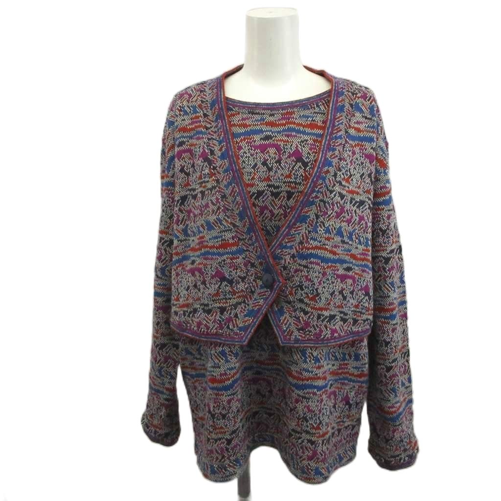 ミッソーニ MISSONI プルオーバーニット セーター ウール 44 紫 パープル 赤 レッド 青 ブルー マルチカラー 総柄 長袖 Vネック /YU ■ECD004