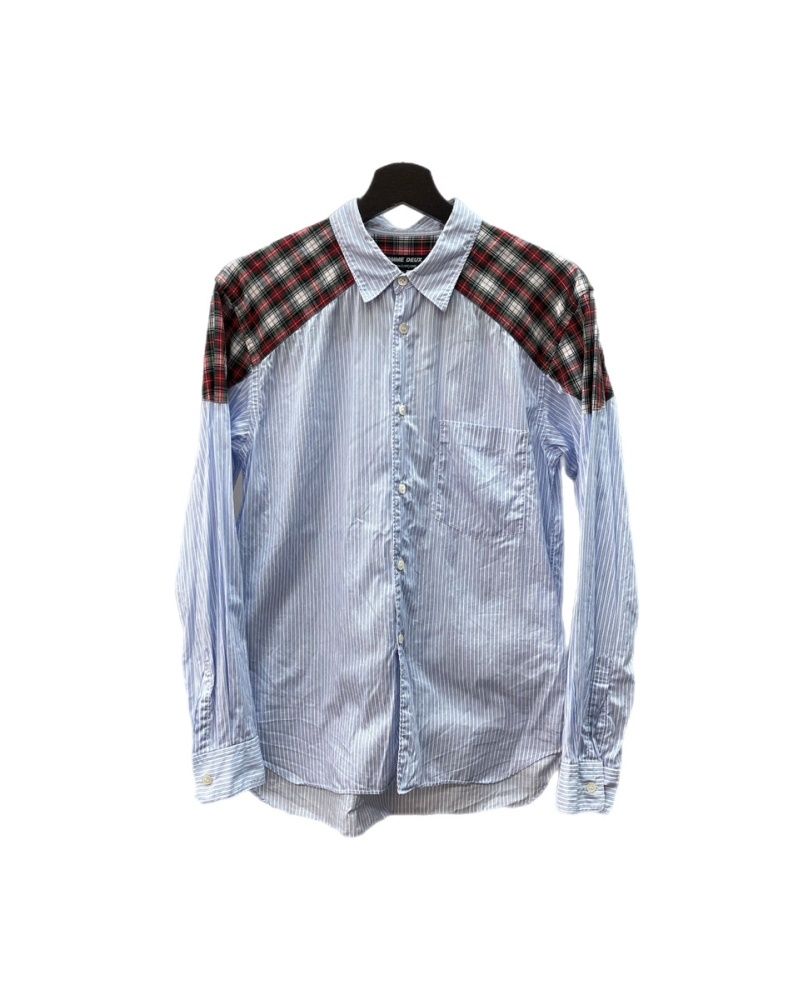 コムデギャルソン COMME des GARCONS オムドゥ HOMME DEUX 2015年製 Yorkチェック切替ストライプシャツ ステンカラー フロントボタン 日本製 BLUE ブルー系 DP-B026 Sサイズ 104MT-3185