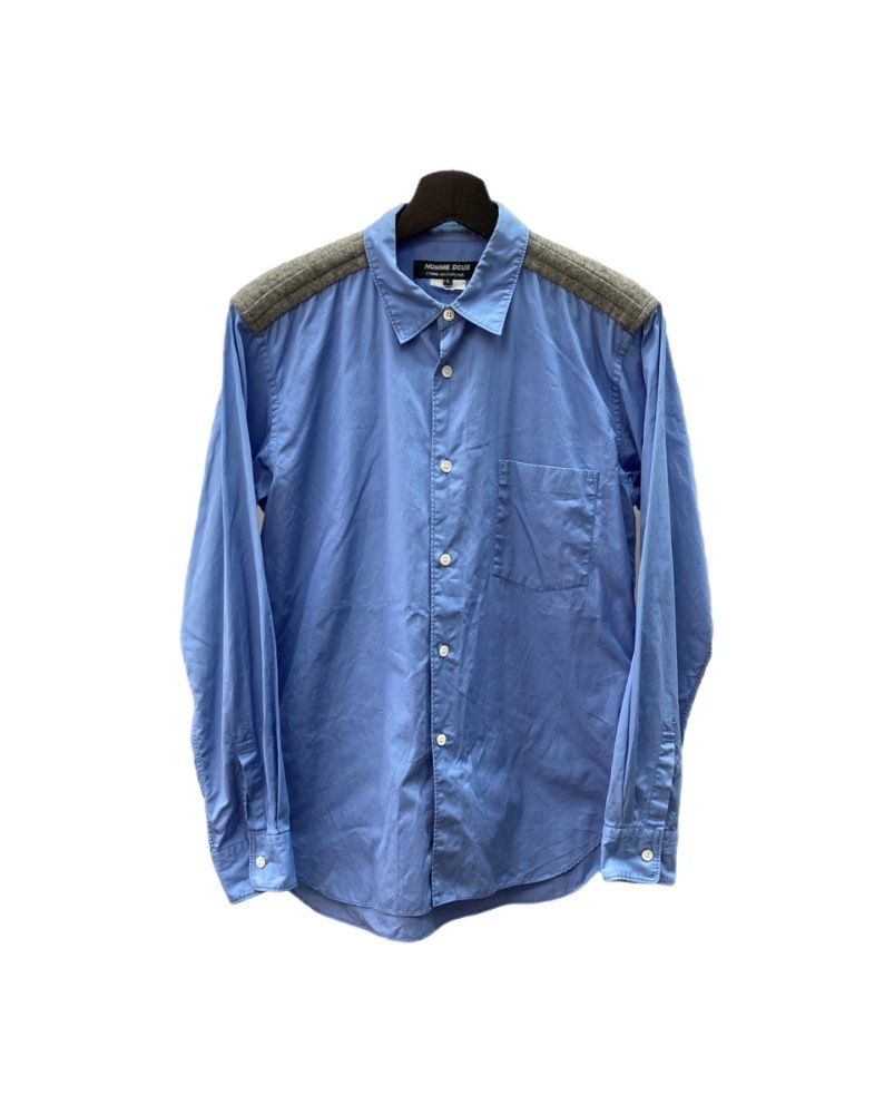 コムデギャルソン COMME des GARCONS オムドゥ HOMME DEUX 2013年製 コットンブルーシャツ ウール切替 ステンカラー フロントボタン 日本製 BLUE 青 DL-B030 ブルー Sサイズ 104MT-3186