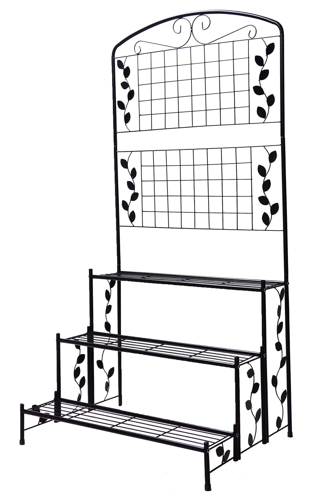 新品 リビングアウト(Living Out) アイアンプランタースタンド ラティス付き ブラック 幅80×奥行60×高さ162cm 3段タイプ プランターの整理整頓 縦の空間演出 リーフ調モチーフ アイアン調 鉄製フェンス