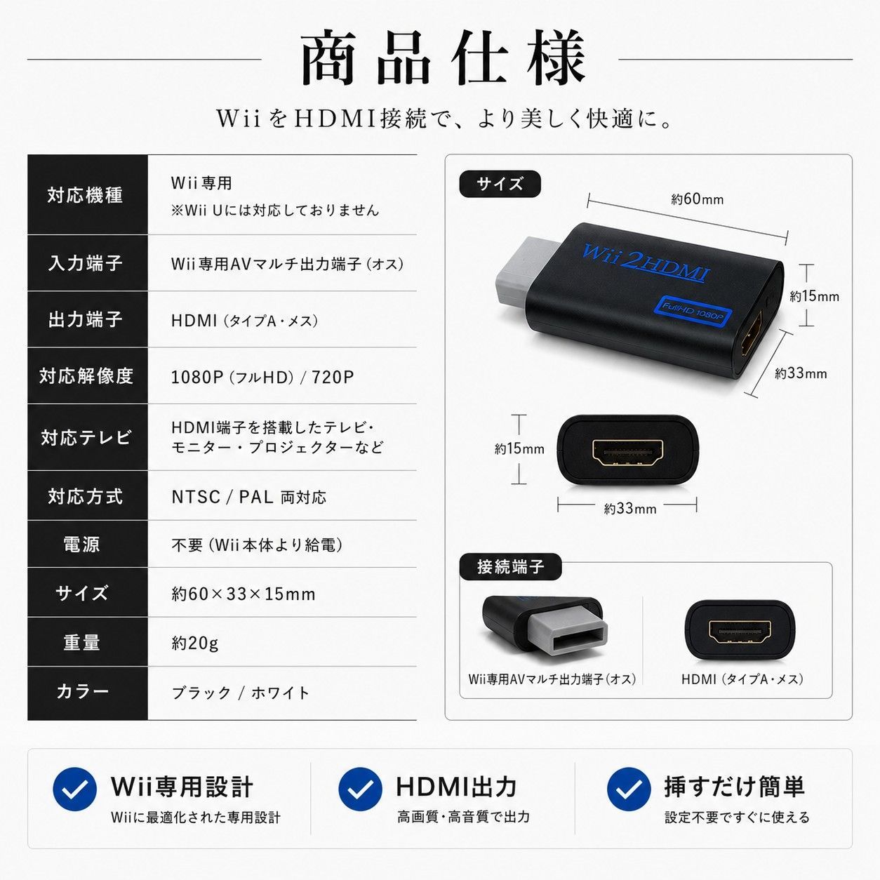 Wii HDMI 変換アダプタ Wii2HDMI HDMI変換 Wii to HDMI コンバーター