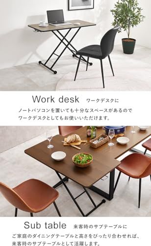 萩原 昇降式 テーブル ローテーブル ヴィンテージ風 大きめ 【 完成品 組立不要 】 ガス圧式 無段階 高さ調節 キャスター付き 幅 101 奥行 55 高さ 11~70 アンティークブラウン KT-3184ABｍａ