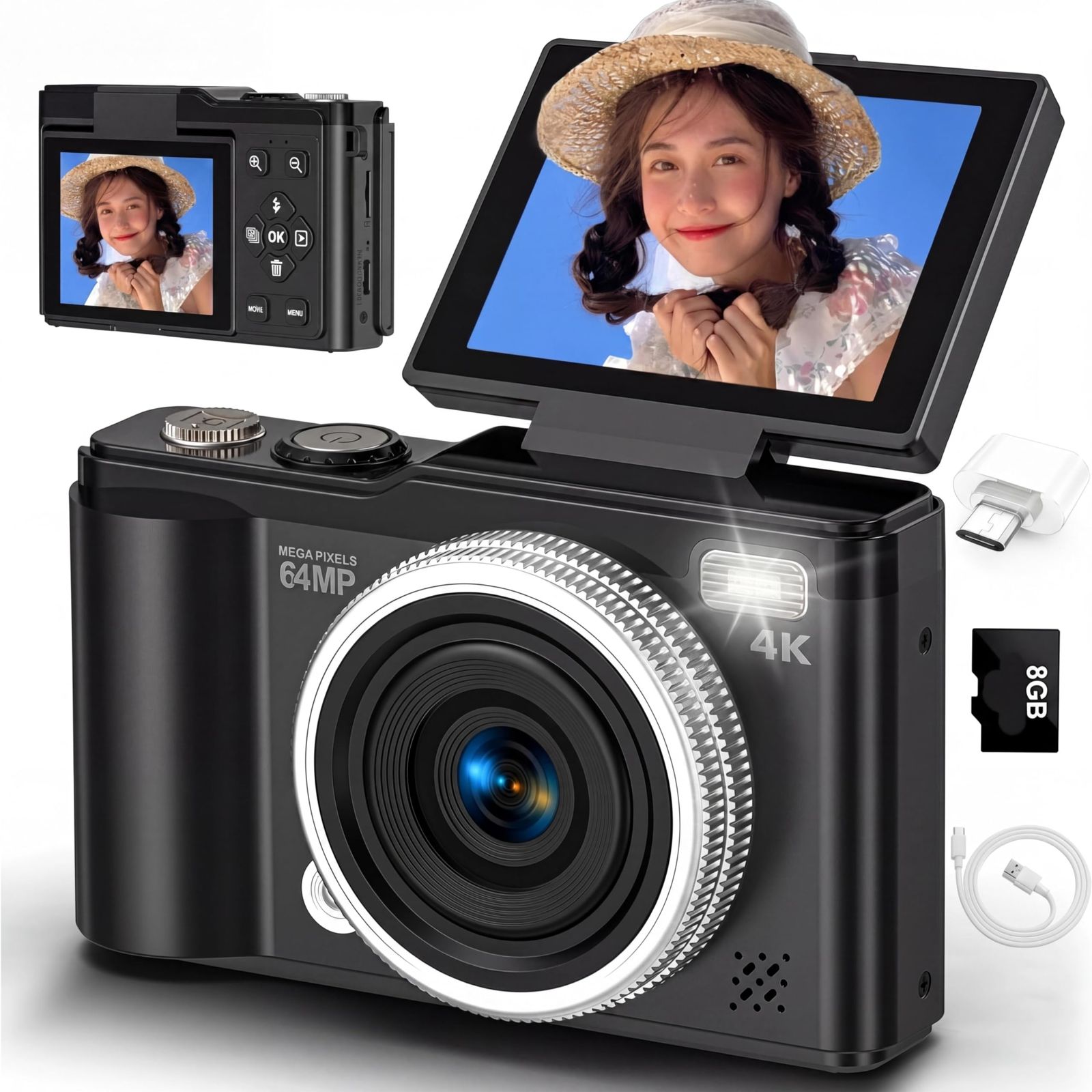 4K デジタルカメラ 6400万画素 デジカメ 180度回転可能ディスプレイ 自撮り 16倍デジタルズーム オートフォーカス機能 連続撮影 2.4インチ画面 ウェブカメラ 8GBカード付き 初心者向け 子供 クリスマス 旅行 携帯便利 コンパ a2a8095d 4K デジタルカメラ 6400万画素 デジカメ 180度回転可能ディスプレイ 自撮り 16倍デジタルズーム オートフォーカス機能 連続撮影 2.4インチ画面 ウェブカメラ 8GBカード付き 初心者向け 子供 クリスマス 旅行 携帯便利 コンパ a2a8095d