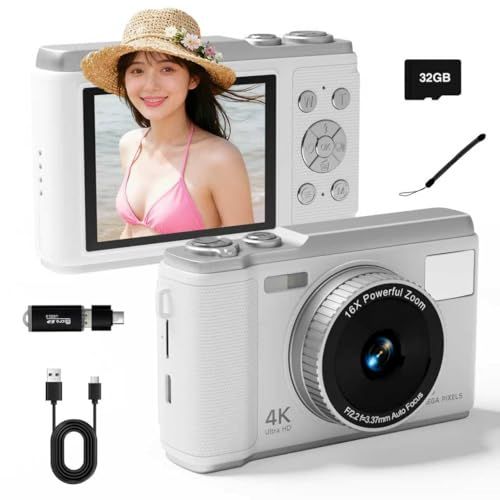 デジタルカメラ 携帯電話で内容を読み取ることができます 4K 5000万画素 デジカメ 2.8 インチスクリーン 16 倍デジタルズーム オートフォーカス 近接撮影 定時撮影 内蔵フラッシュ 32GBマイクロSDカード付き ウェブカメラ コン 4672c6a3