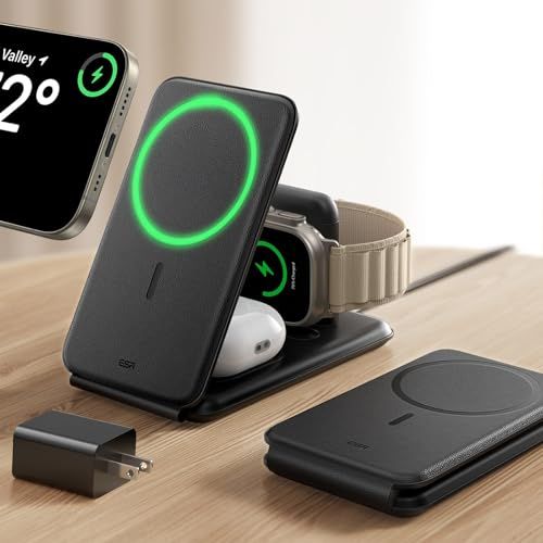 ESR 15W 3-in-1ワイヤレス充電器 iPhone & Apple Watch用 MagSafe充電スタンド[認証] iPhone 17e/17/16/15/14/13/12 & Watch & AirPods 4/3/AirPods b972cdbc