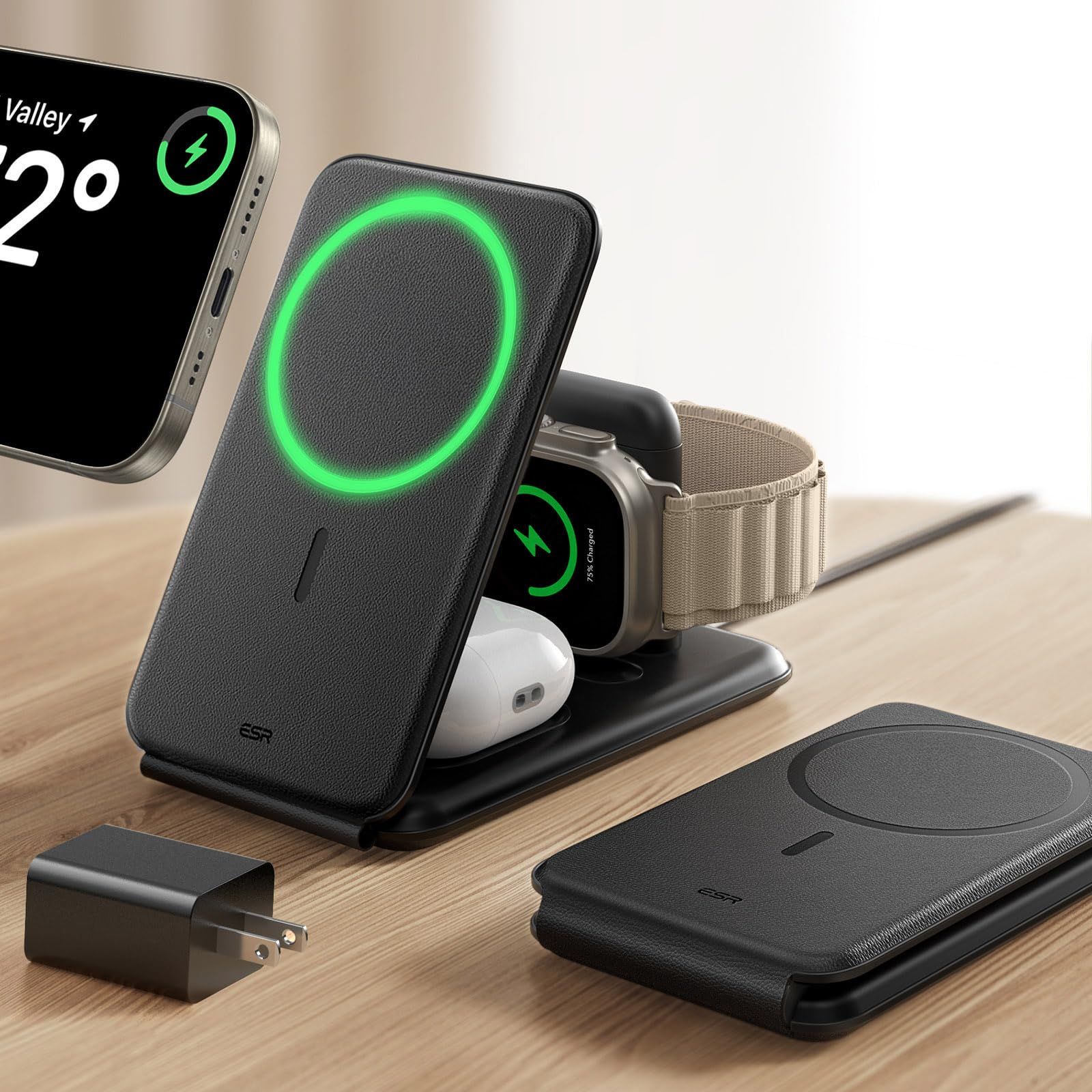ESR 15W 3-in-1ワイヤレス充電器 iPhone & Apple Watch用 MagSafe充電スタンド[認証] iPhone 17e/17/16/15/14/13/12 & Watch & AirPods 4/3/AirPods b972cdbc