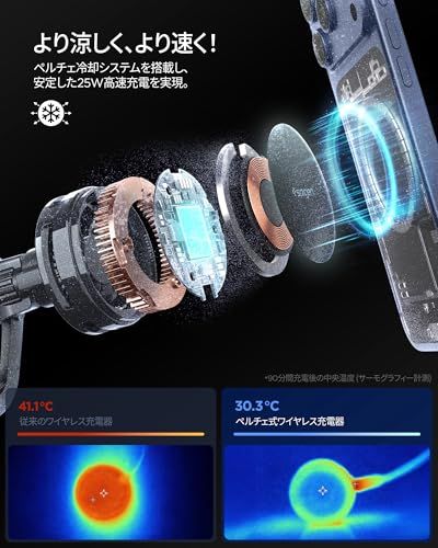 Spigen 車載 スマホホルダー MagSafe対応 冷却ファン搭載 Qi2.2 25W 急速ワイヤレス充電 強力N52マグネット エアコン吹き出し口用 iPhone 17/16/15/14/13/12対応 EV25MFAQ ACP1051 c05343ba
