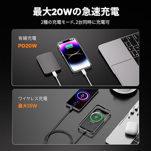 【業界初のチタン金属・0.8cmの超薄型】Yamisan Magsafe対応 小型 軽量 PD20W急速充電 マグネット式 ワイヤレス充電器 スマホ充電器 両台同時充電 Type-C入出力兼用 5000mAh マグセーフ充電器 iPhone 64af9fdd