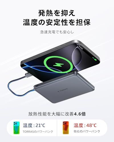 TORRAS MiniMag ケーブル付き 夏用 モバ充 コガタ 機内持ち込み可 10000mAh 大容量 22.5W 急速充電 低温管理 PSE認証済みiPhone 17 Galaxy S26 Ultra (グレー)as 9e6e0005