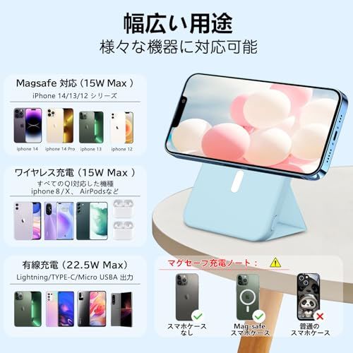 LUCKYDUO マグネット10000mAh 大容量 急速充電 ワイヤレス 折りたたみ式スタンド 【15W ワイヤレス充電/22.5W USB 出力/PD対応】3台同時充電 持ち運び便利 PSE認証済み iPhone 15 / 14 / 13 094da3e4