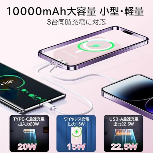 LUCKYDUO 10000mAh 大容量 急速充電 マグネット ワイヤレス 軽量 小型 薄型 折りたたみ式スタンド 【15W ワイヤレス充電/22.5W USB Aポート出力/PD対応】 3台同時充電可能 持ち運び便利 PSE認証済み iP 031ef033