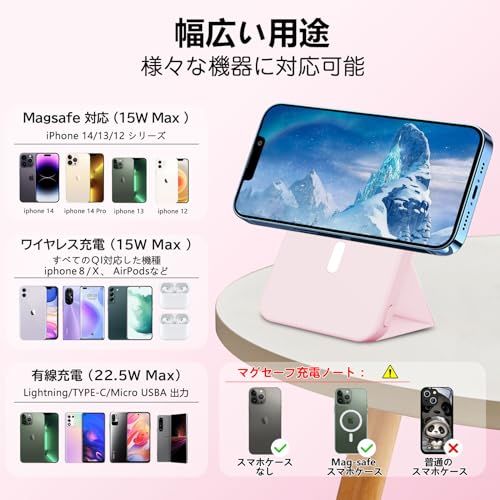 LUCKYDUO 10000mAh 大容量 急速充電 マグネット ワイヤレス 軽量 小型 薄型 折りたたみ式スタンド 【15W ワイヤレス充電/22.5W USB Aポート出力/PD対応】 3台同時充電可能 持ち運び便利 PSE認証済み iP 031ef033