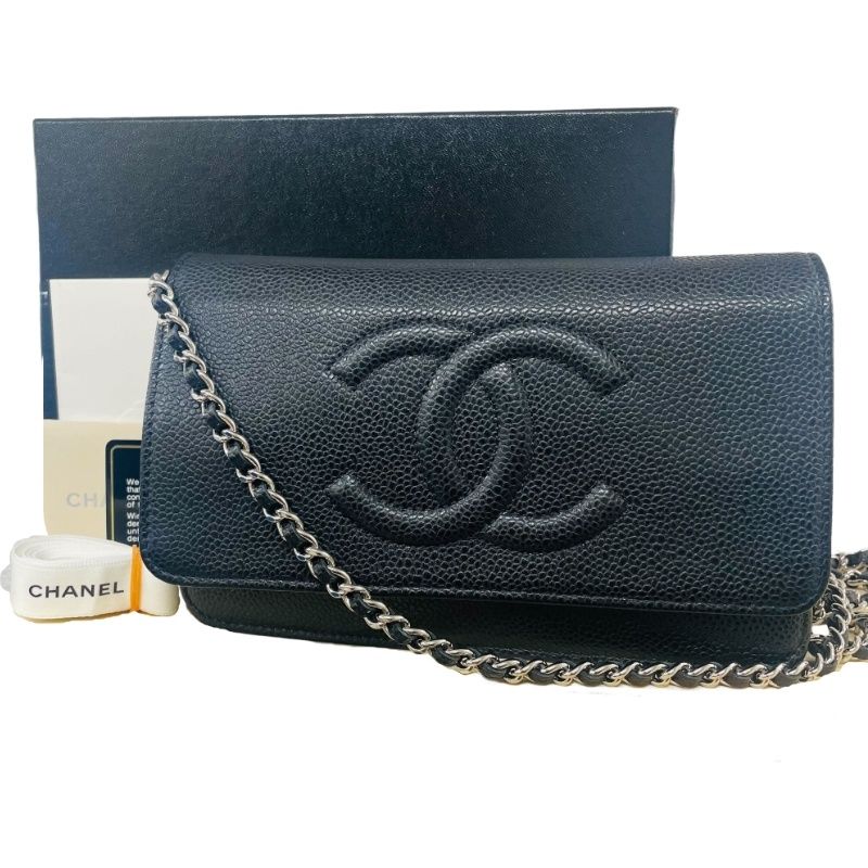 CHANEL シャネル ココマークチェーンウォレット ブラック キャビアスキン 財布 レディース 【中古】 12605R61
