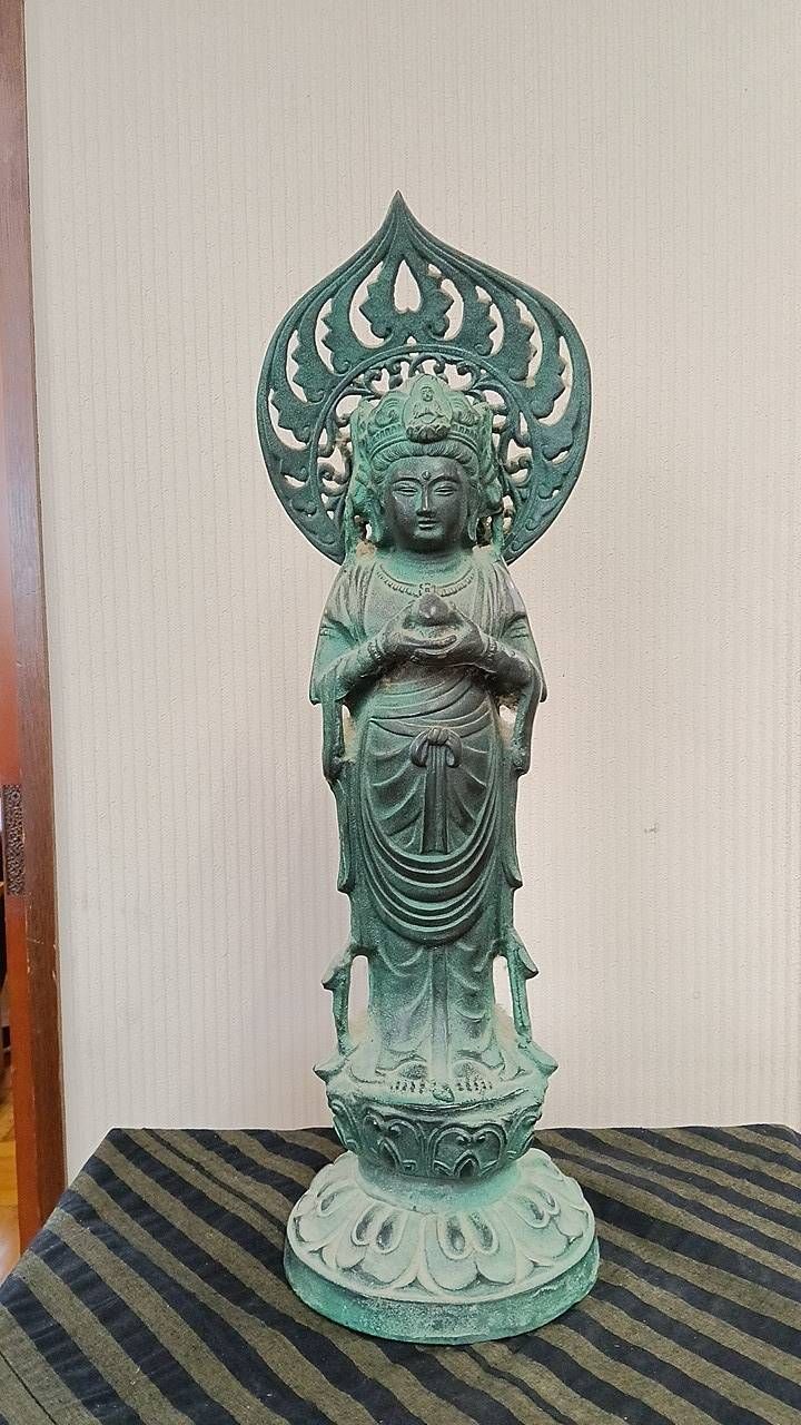骨董・アンティーク】仏像 観音菩薩立像 青銅調 緑青仕上げ 置物 オブジェ