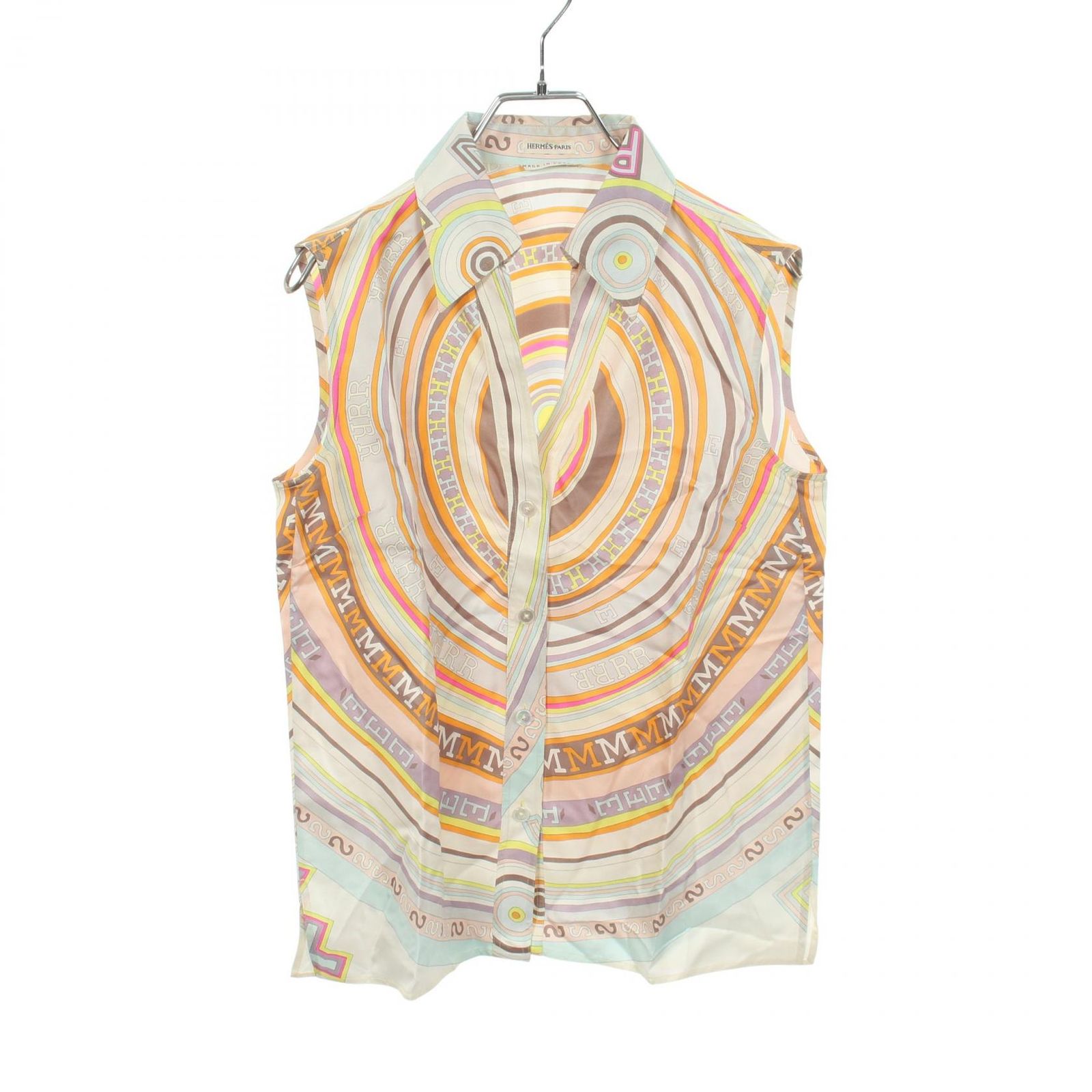 エルメス HERMES ブラウス 総柄 シャツ ノースリーブ ホワイト シルク シャツブラウス ノースリーブ レディース Used B