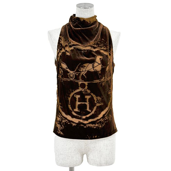 SALE【美品】HERMES エルメス カットソー サイズ 36 レディース 馬車柄 Hロゴ ベルベット ノースリーブ ハイネック トップス トップス ブラウン 茶色 フランス製