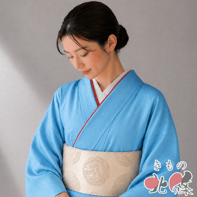 色無地 着物 中古 正絹 袷 紋なし カジュアル 地模様 霰 比翼付き 露草色 身丈164cm 裄66cm L きもの北條 A1364-4