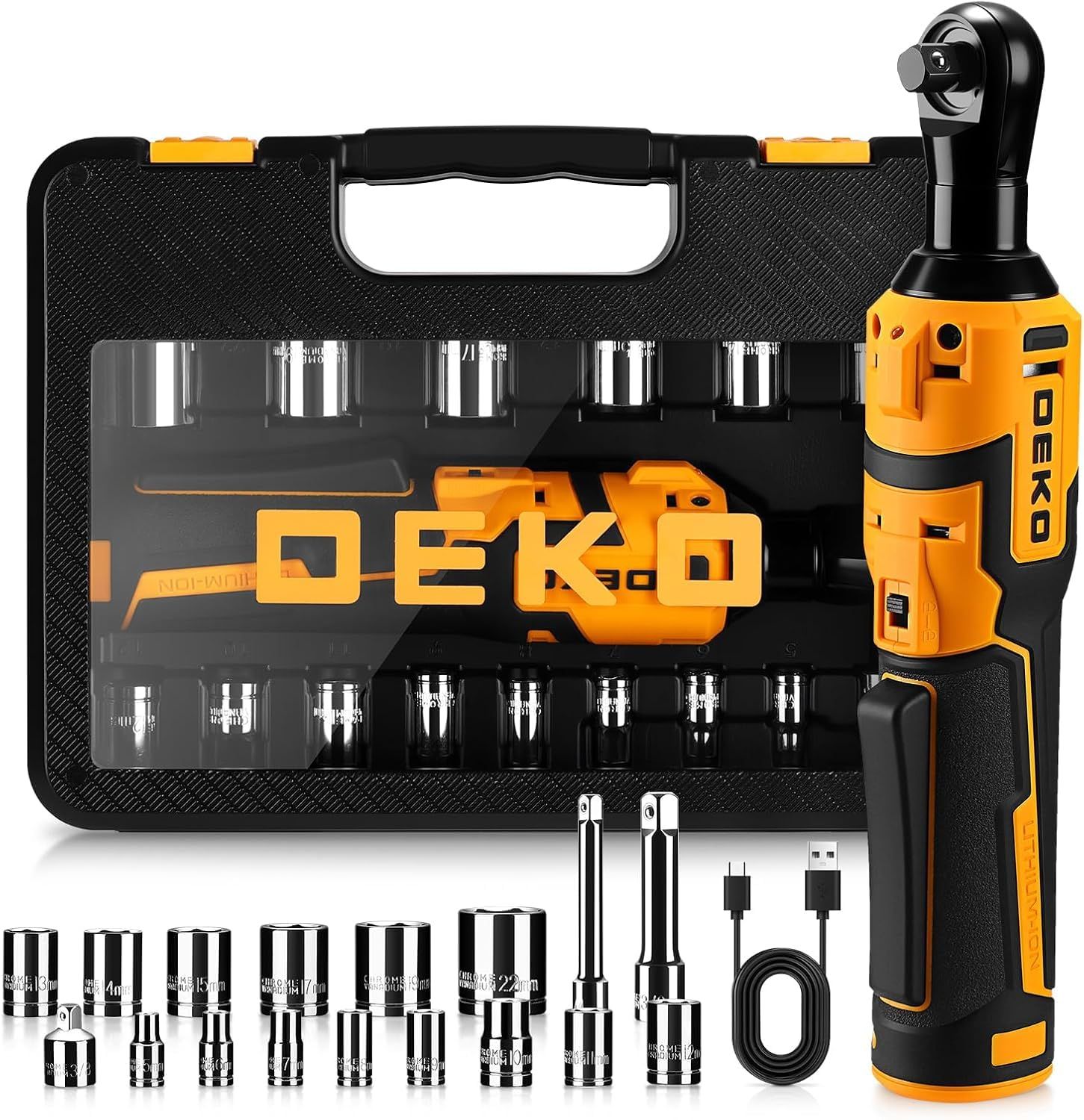 DEKOPRO 電動ラチェットレンチ 延長型 19点セット ラチェットレンチ 充電式 コードレス 30N?m 正逆転切替 無段変速 3/8