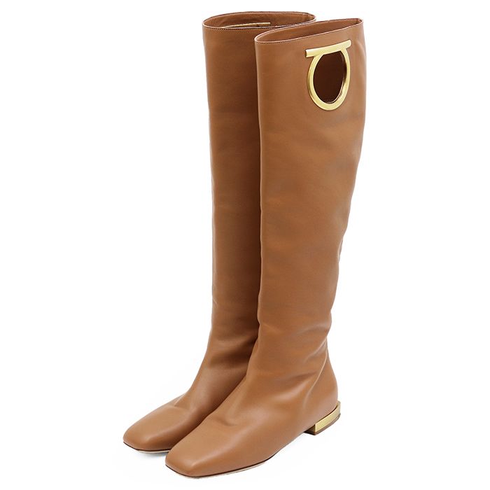 SALE【美品】Salvatore Ferragamo サルヴァトーレフェラガモ ロングブーツ サイズ 5.5C レディース ゴールド ガンチーニ モチーフ スクエアトゥ ミラーヒール シューズ 革靴 キャメル イタリア製