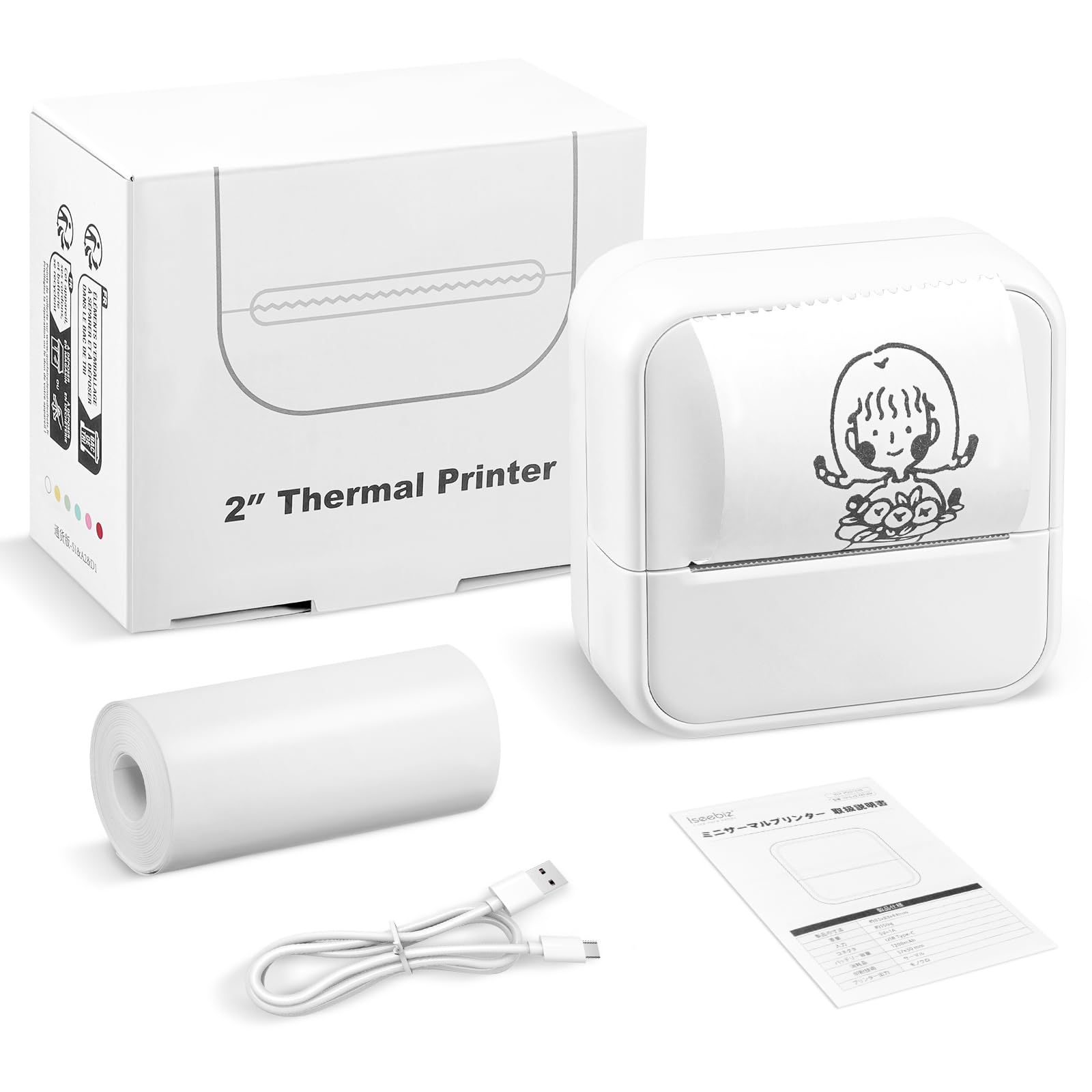 Isebiz Mini Thermal Printer, Smartphone Compatible, Japanese App, Small Mini Printer, Thermal Printer, USB Rechargeable, Portable, Easy Operation Printer, Compatible with Photo/Notebooks/Memo/Documents/Labels/Study Notes, Gift with 1 Roll of Thermal Roll, 57MM Wide, White