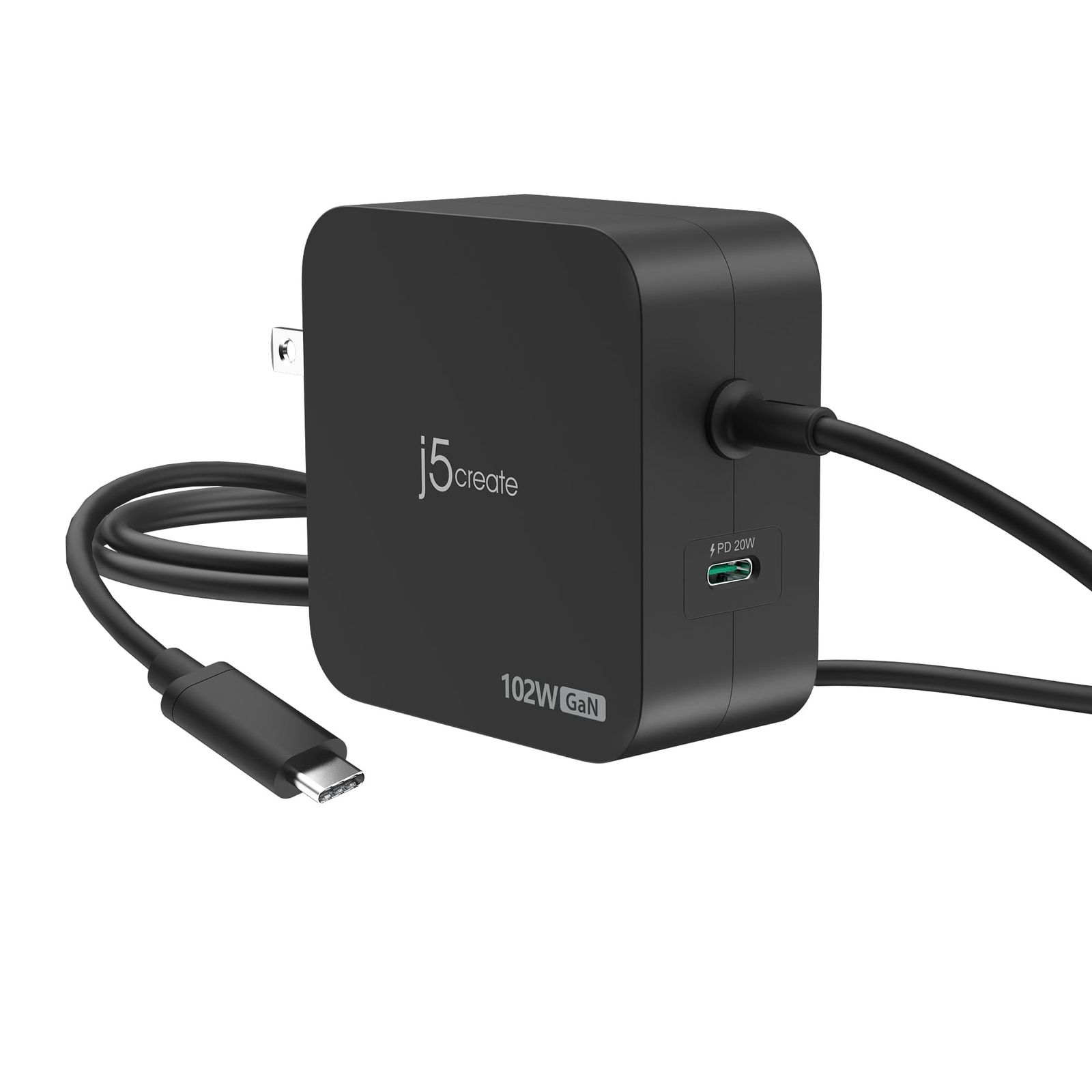 j5create USB-C GaN急速充電器 PD100W対応 USB Cケーブル一体型 TypeC×2ポート搭載 合計出力102W 折畳みプラグ 超小型 軽量 過電流 過熱 過充電保護 ノートPC スマホ タブレットiPhone16/15/16 ...