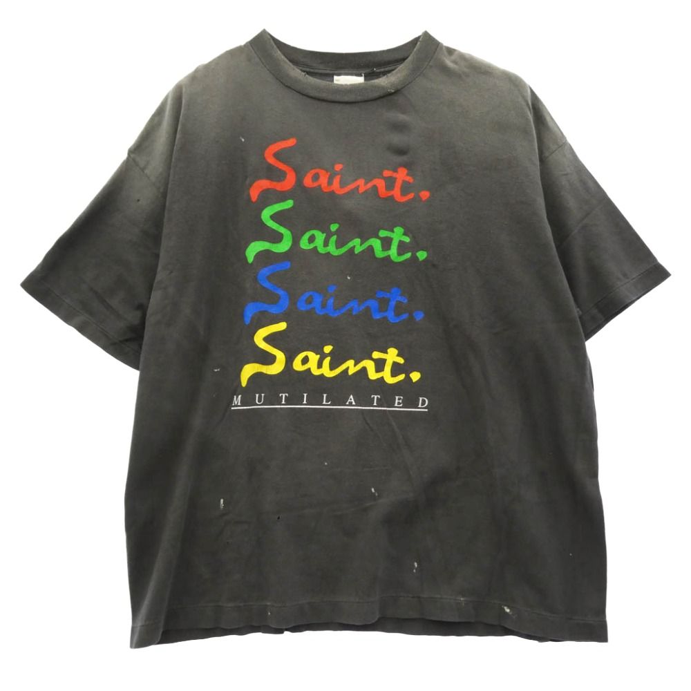 SAINT MICHAEL セントマイケル 25AW SM-HR1-0000-013 MULATED SS TEE マルチカラー ヴィンテージ加工 プリント 半袖 Tシャツ チャコール系 XXL【美品】【中古】