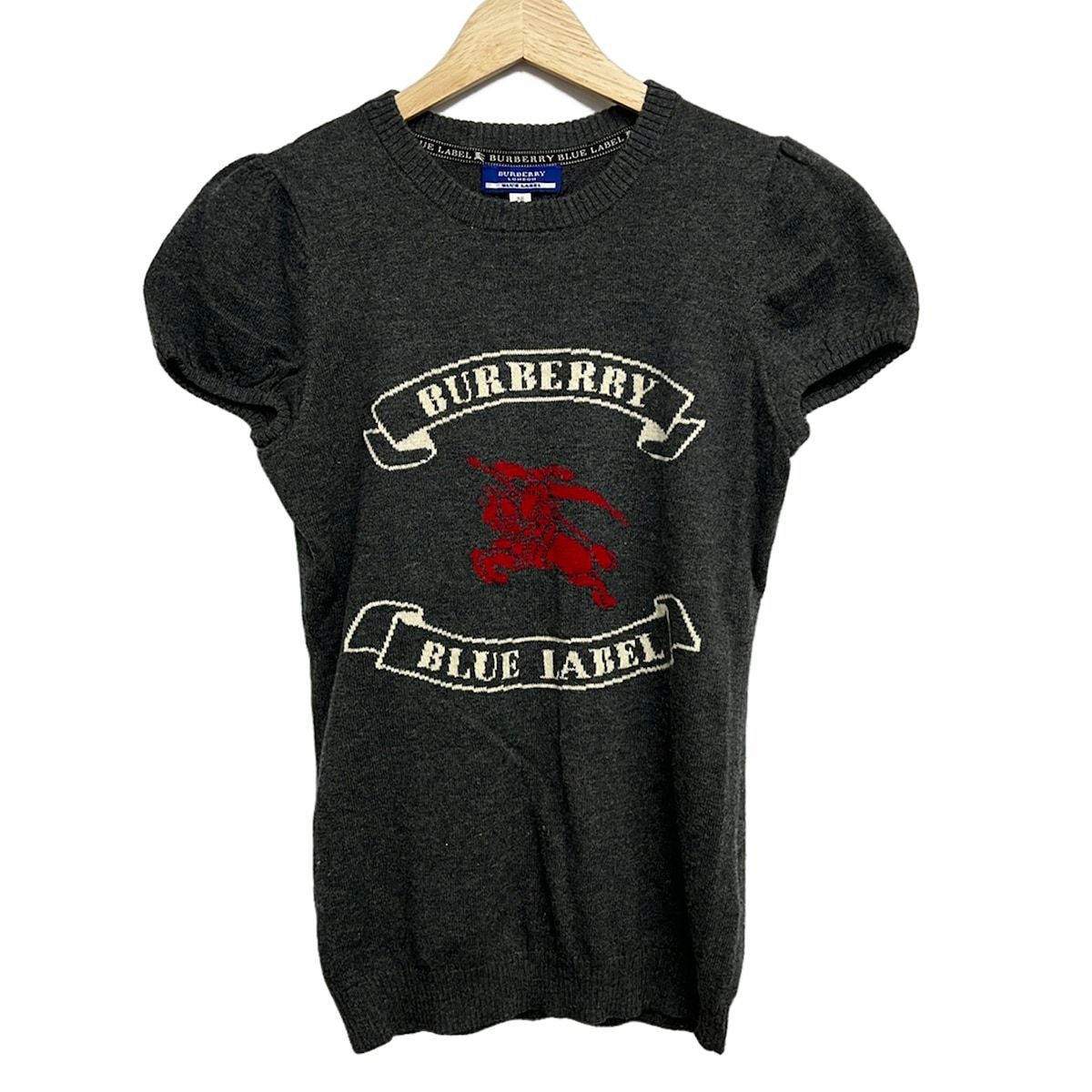 Burberry Blue Label(バーバリーブルーレーベル) 半袖セーター サイズ38 M レディース - ダークグレー×白×レッド クルーネック