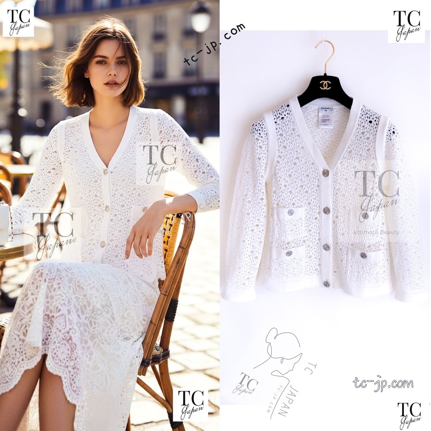 シャネル カーディガン CHANEL 41万 ホワイト コットン アイレット Vネック ニット カール・ラガーフェルド ココボタン 人気 美品 34 36