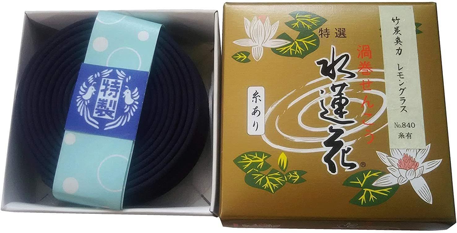 Awaji Baikundoのけむりの少ない渦巻きIncense 約12時間 14巻 吊り下げ 吊り糸タイプ 竹炭爽力レモングラス水蓮花 仏壇用 うずまきInc