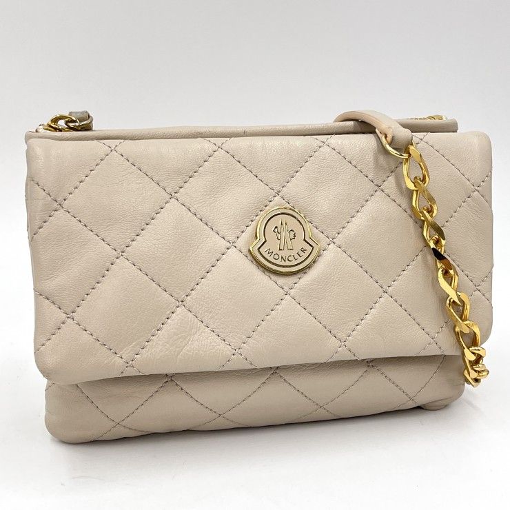 MONCLER（モンクレール）キルティング チェーンショルダーバッグ レザー ベージュ ゴールド金具 レディース【中古】