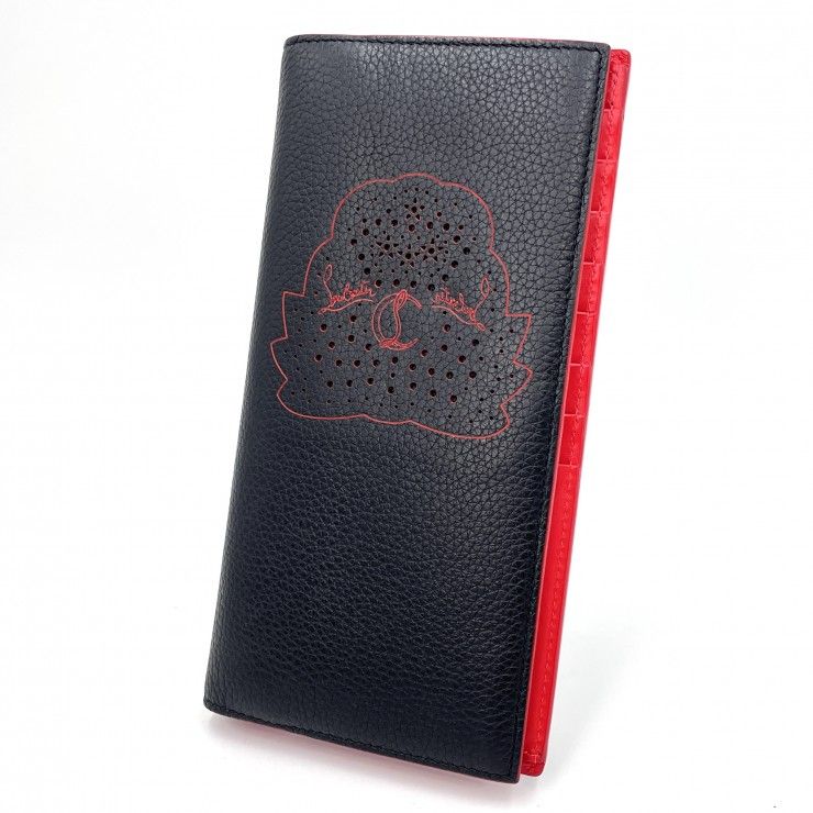 Christian Louboutin（クリスチャンルブタン）パンチングロゴ 二つ折り長財布 レザー ブラック レッド イタリア製 メンズ【中古】