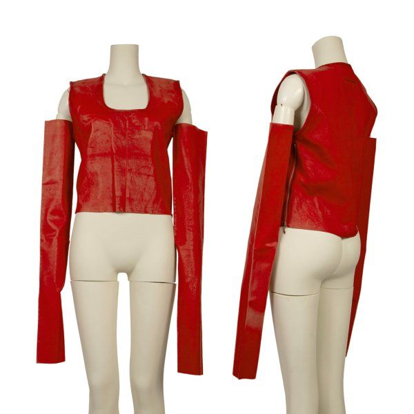ジャンポールゴルチエファムJean Paul GAULTIER FEMME ラムレザーアームカバー付きノースリーブトップス 赤40