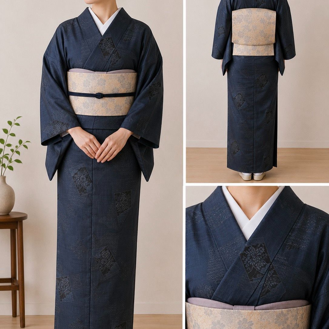 K093 美品 大島紬 しつけ糸つき 身丈169cm トールサイズ 色紙文 青海波