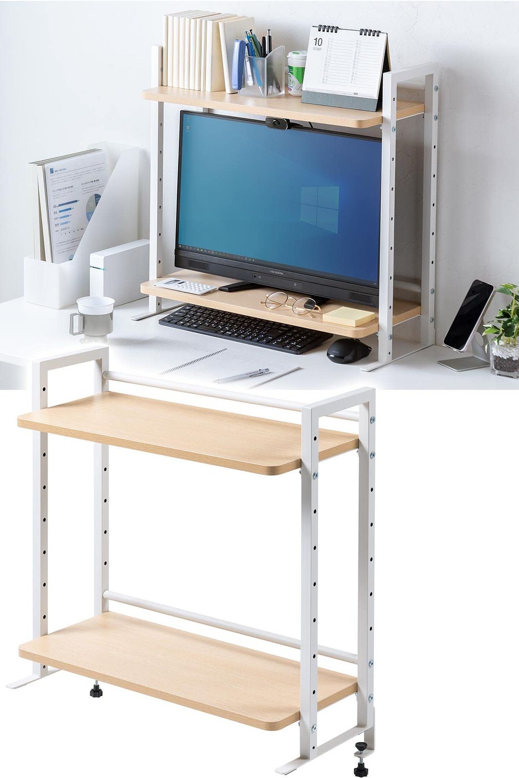 サンワダイレクト 机上ラック 幅60cm クランプ式 棚 高さ調整 ライトブラウン 100-MR186LMｍａ