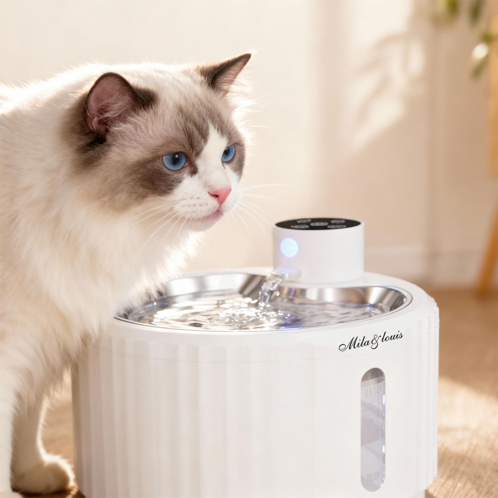 MILA&LOUIS 猫 給水器 コードレス 猫 自動給水器 304ステンレス製 3つの給水モード 猫 水飲み器 犬 水飲み器 10dB以下の 2.8L大容量｜4000mAhバッテリー｜強力活性炭フィルター付 猫 みずのみ器 LED赤青光&水 6ff0231a
