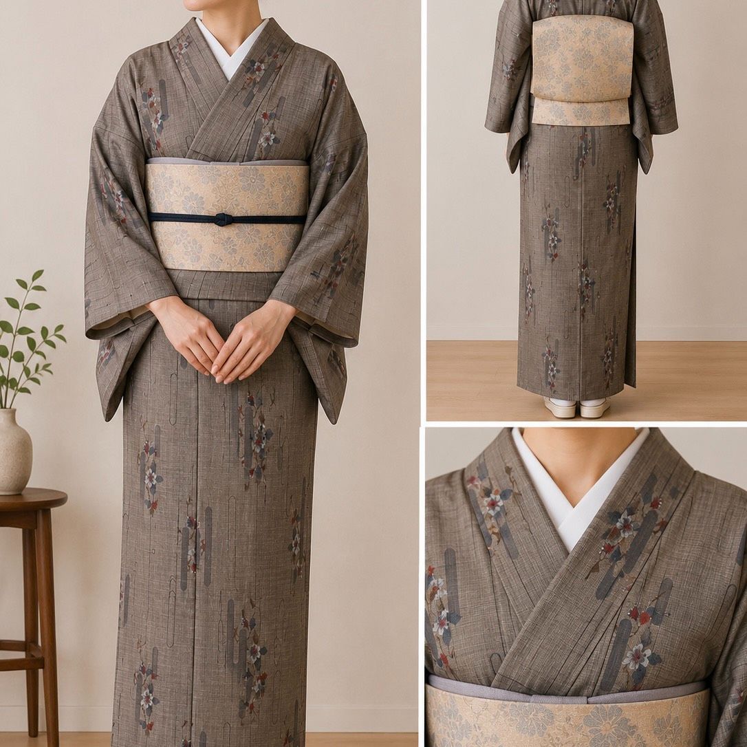 #K094 大島紬 エ霞 枝花 正絹 和装 和服 着物