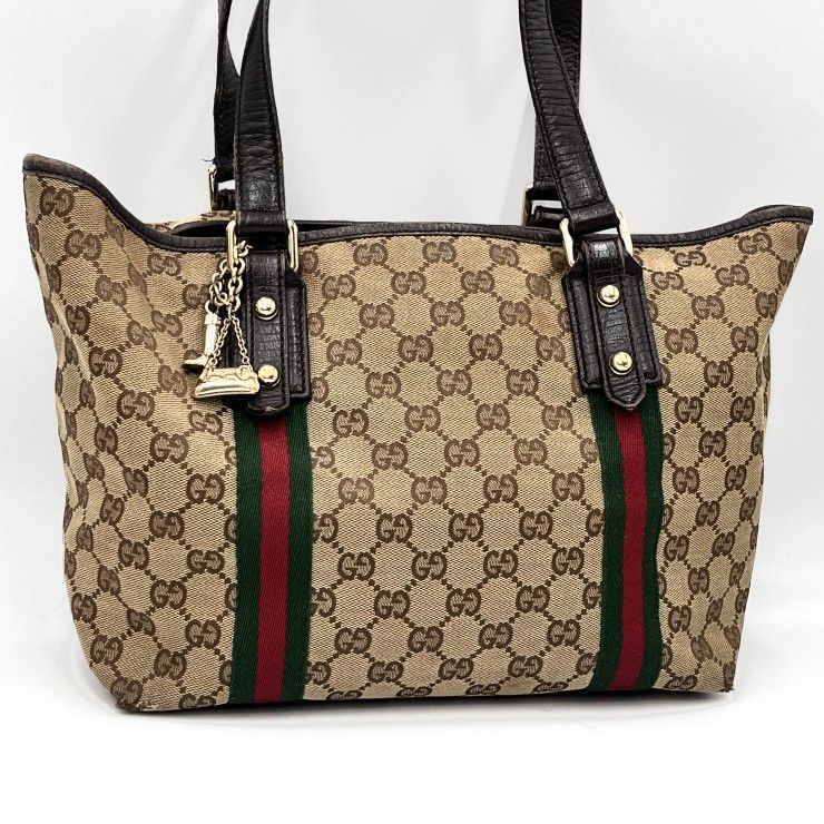 GUCCI（グッチ）GGキャンバス シェリーライン トートバッグ ハンドバッグ ベージュ ブラウン レザー ゴールド金具 211971【中古】