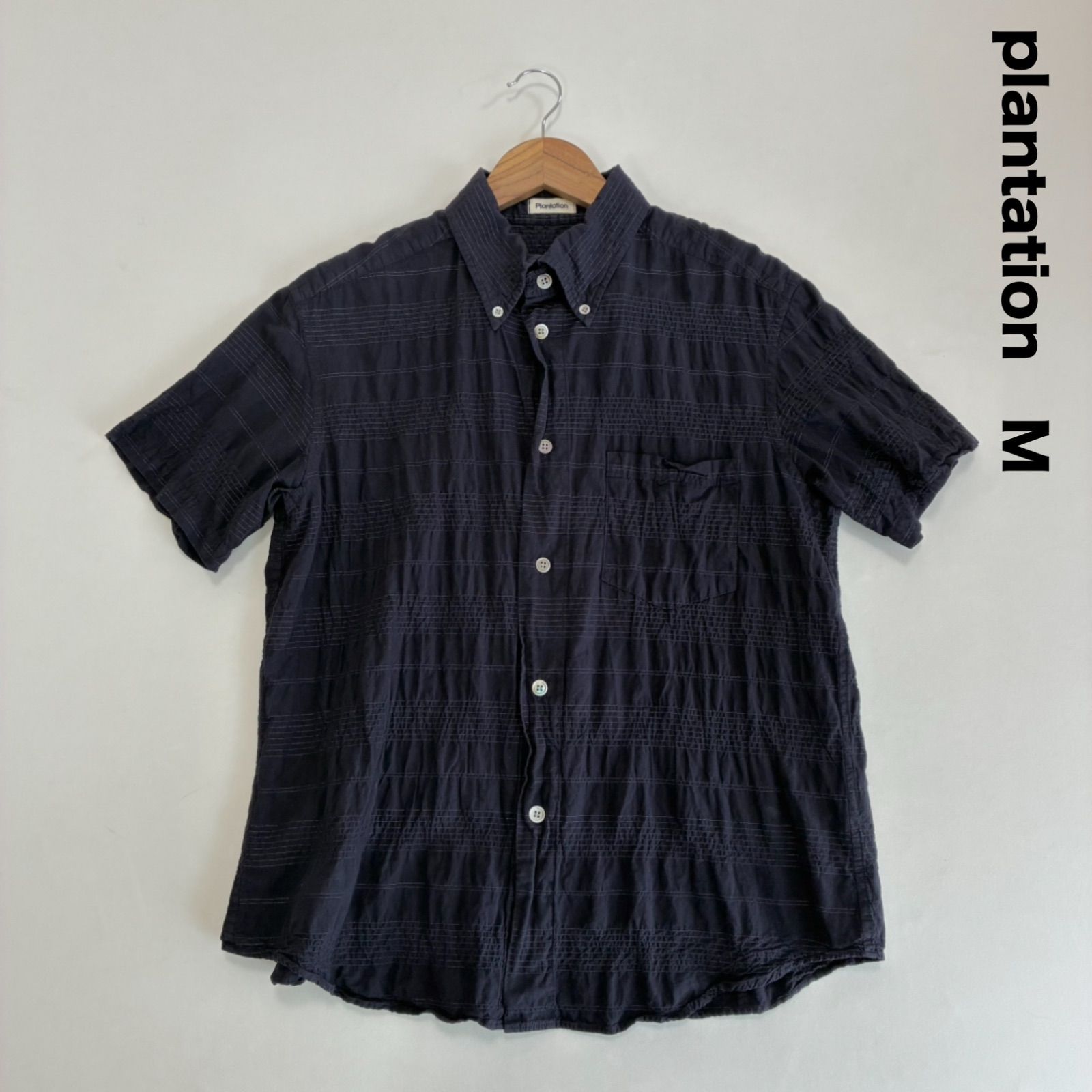 plantation プランテーション☆ステッチ半袖染めブラウス M ネイビー 