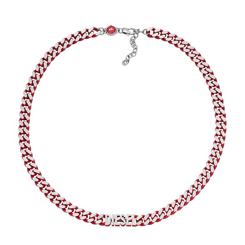 DIESEL オールジェンダー ステンレススチールチェーンネックレス, Length: 450MM+50MM, Width: 21.9MM, Height: 8MM, ステンレス鋼, 宝石なし シルバー/レッドチェーン。 DX1416040