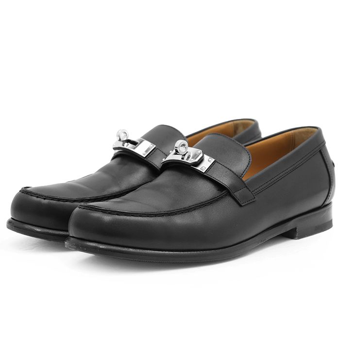 【美品】HERMES エルメス モカシン Destin デスタン サイズ 41 1/2 メンズ ケリーバックル カーフスキン レザー ローファー ターンロック シューズ 革靴 袋付属 ブラック 黒 イタリア製