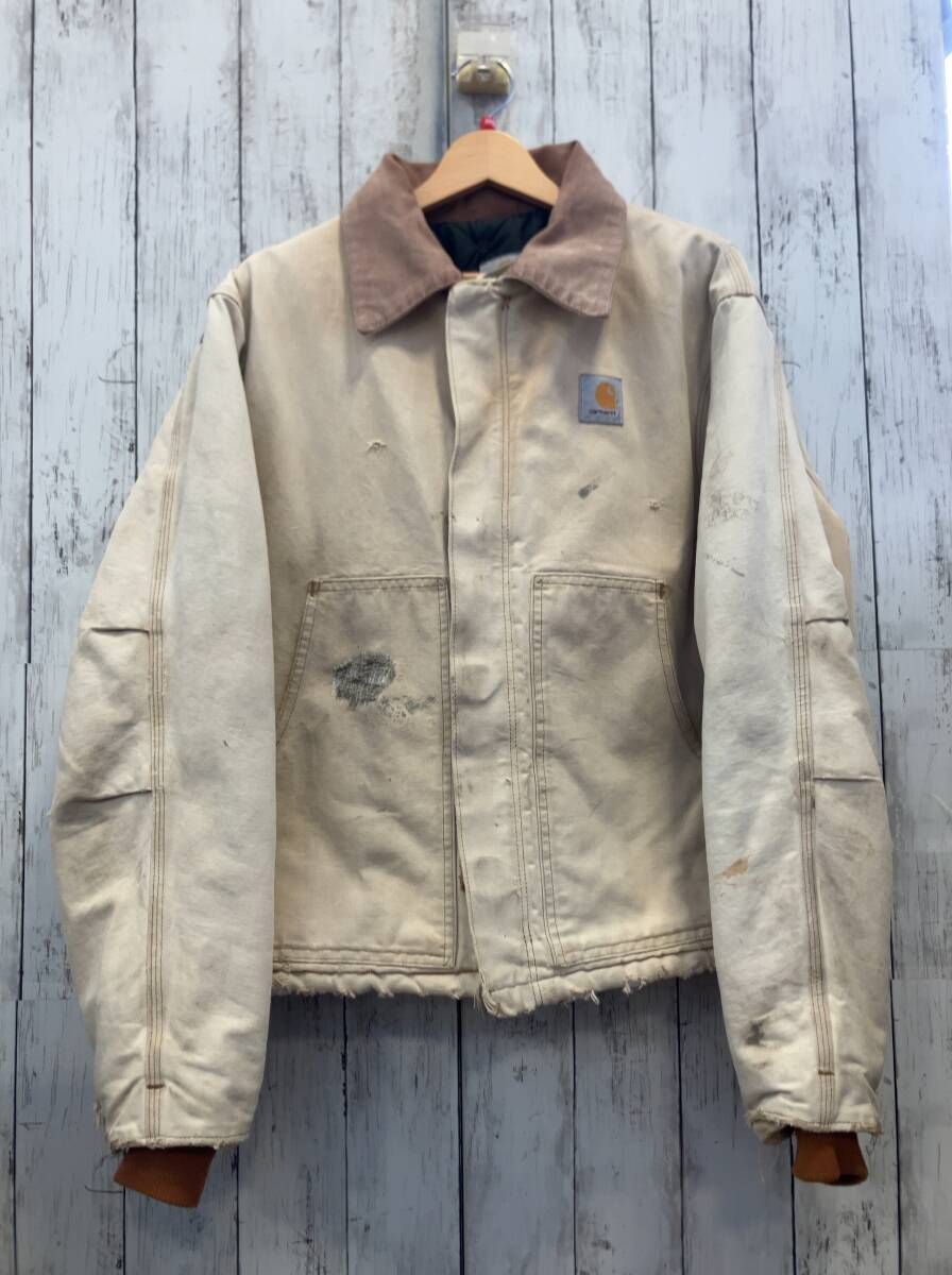 carhartt カーハート トラディショナルジャケットtraditional jacket ダックジャケット ボロ ダメージ リペア 襟コーデュロイ ベージュ