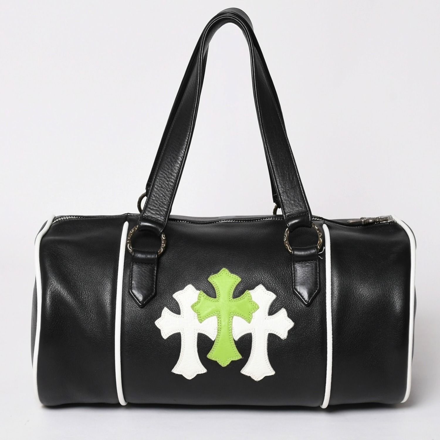 極美品 CHROME HEARTS クロムハーツ DUFFLE BAG MINI ダッフルバッグ ハンドバッグ セメタリークロスパッチ ブラック グリーン レザー 中古 4a002898