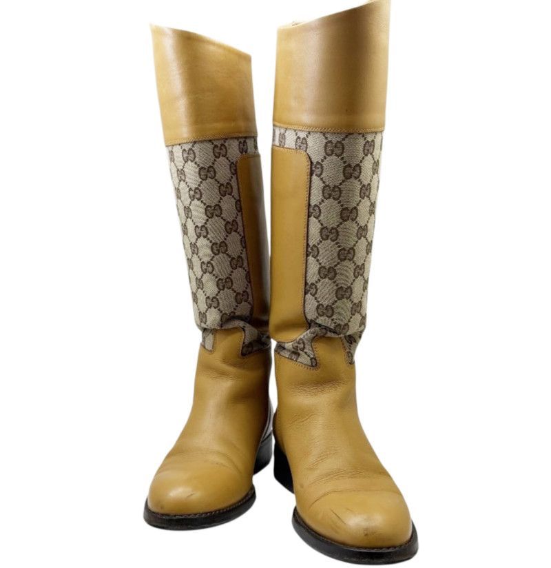 【美品:希少】GUCCI グッチ　GG キャンバス　ロゴ　ロングブーツ　ベージュ 中古】GUCCI グッチ ロングブーツ ブーツ レザー GGキャンバス