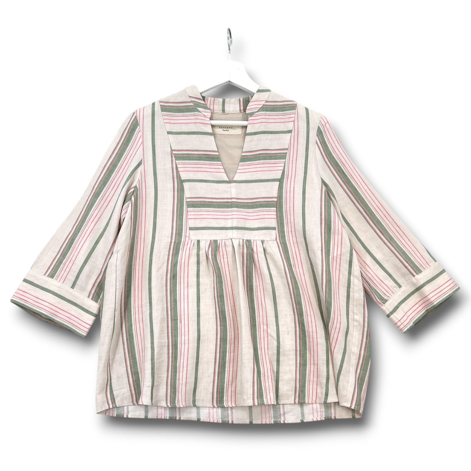 Weekend MaxMara ウィークエンドマックスマーラ リネンコットン スキッパーシャツ 長袖シャツ ノーカラー ストライプ ボーダー 白 ホワイト 40 レディース 春 夏 ゴーゴー古着マルイ北千住店 1 No.2399