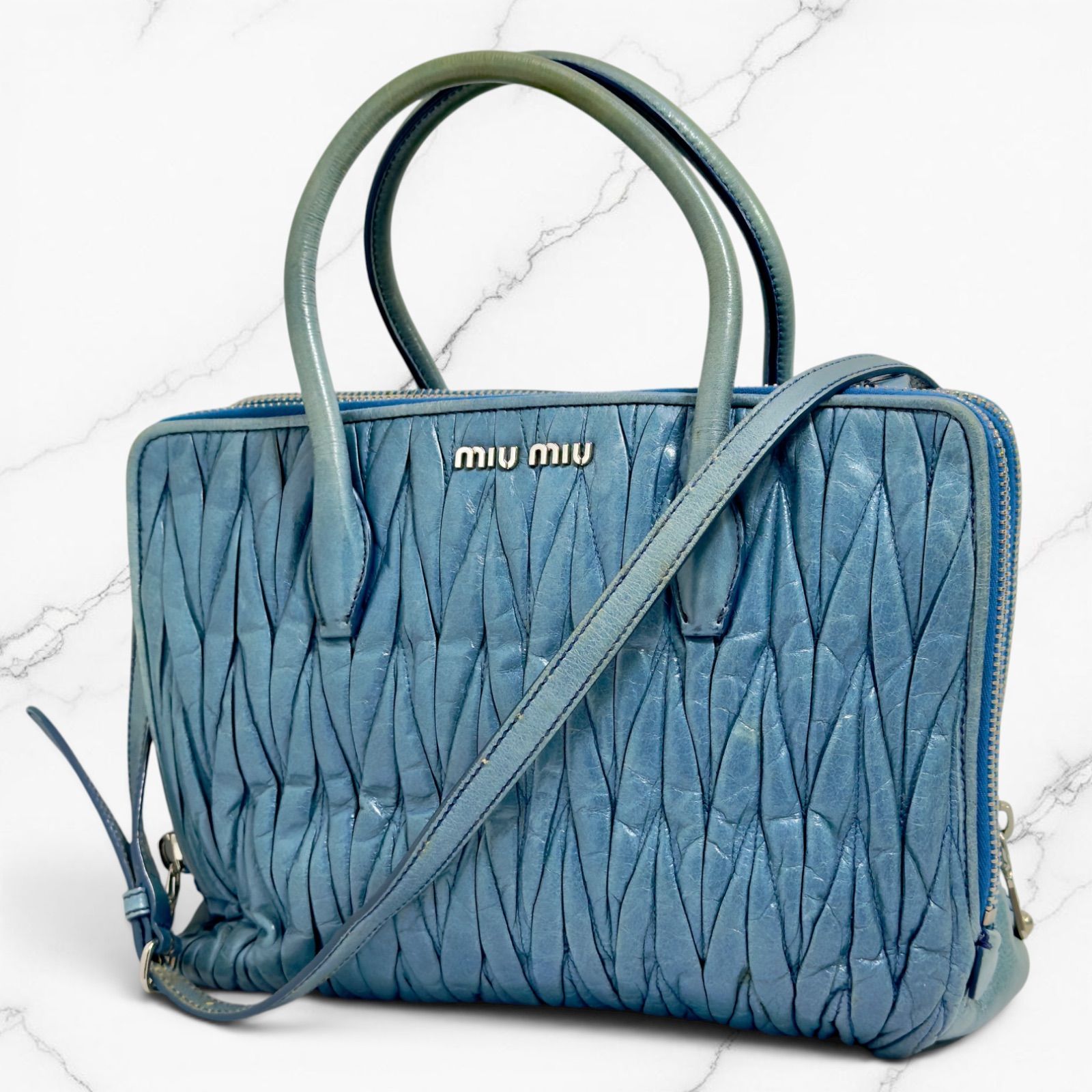 miumiu ミュウミュウ マテラッセ ダブルファスナー ショルダーバッグ ハンドバッグ 2WAY ギャザーバッグ レザー ブルー系 Y2K